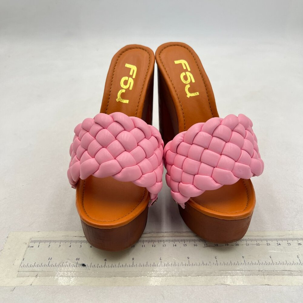 FSJ Pink Women Braided Open Toe Chunky High Heel Sandal Woven Slip On Mule - Picture 3 of 8